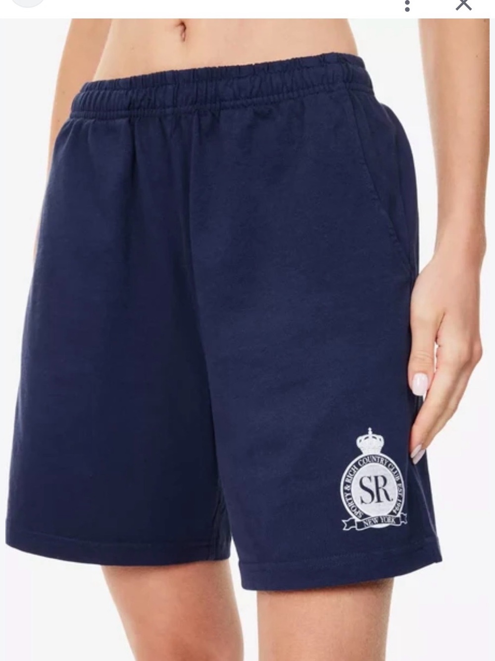 Sporty & Rich Navy Athletic Shorts with White Crest